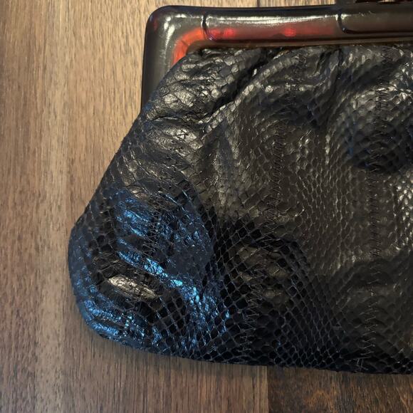 Vintage Retro Black Snakeskin & Leather Clutch Purse With Brown Lucite Frame - Picture 2 of 5